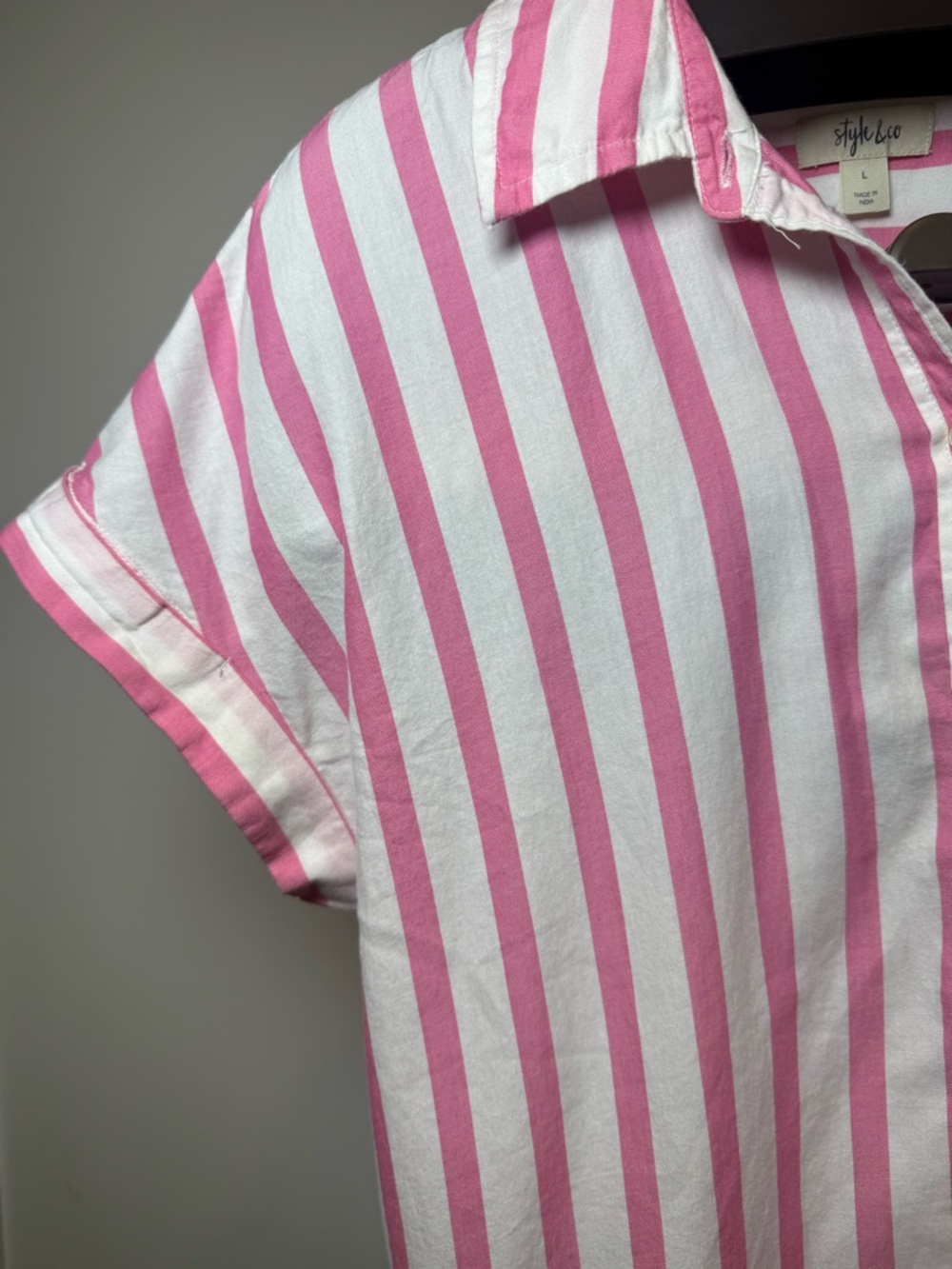 Style & Co -Pink Striped Button-Up Short Sleeve Top - Casual Women’s Shirt - Picture 4 of 11